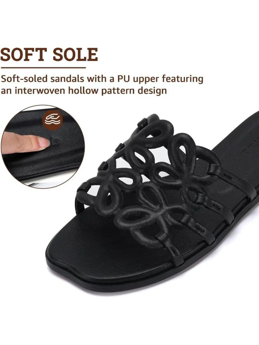 Women's Black Rubber Ankle Strap Open Toe Flats Slip On Comfortable Shoes